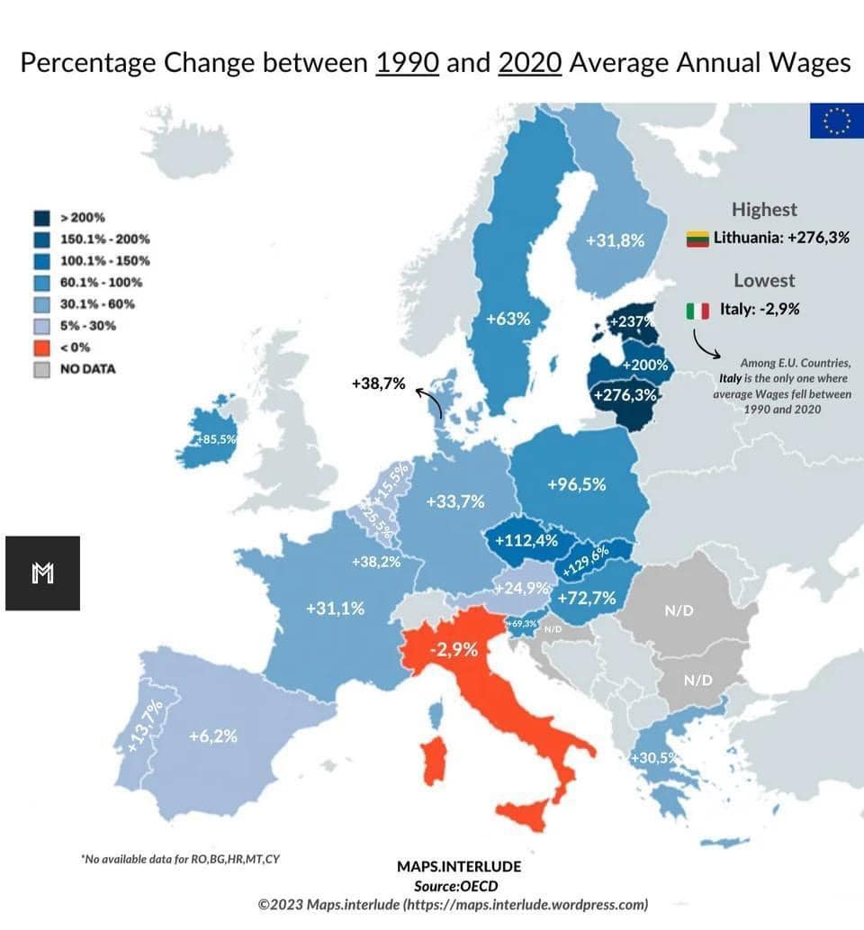 Cambio percentuale in salari annuali medi tra il 1990 ed il 2020