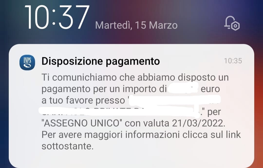 Comunicazione pagamento assegno unico