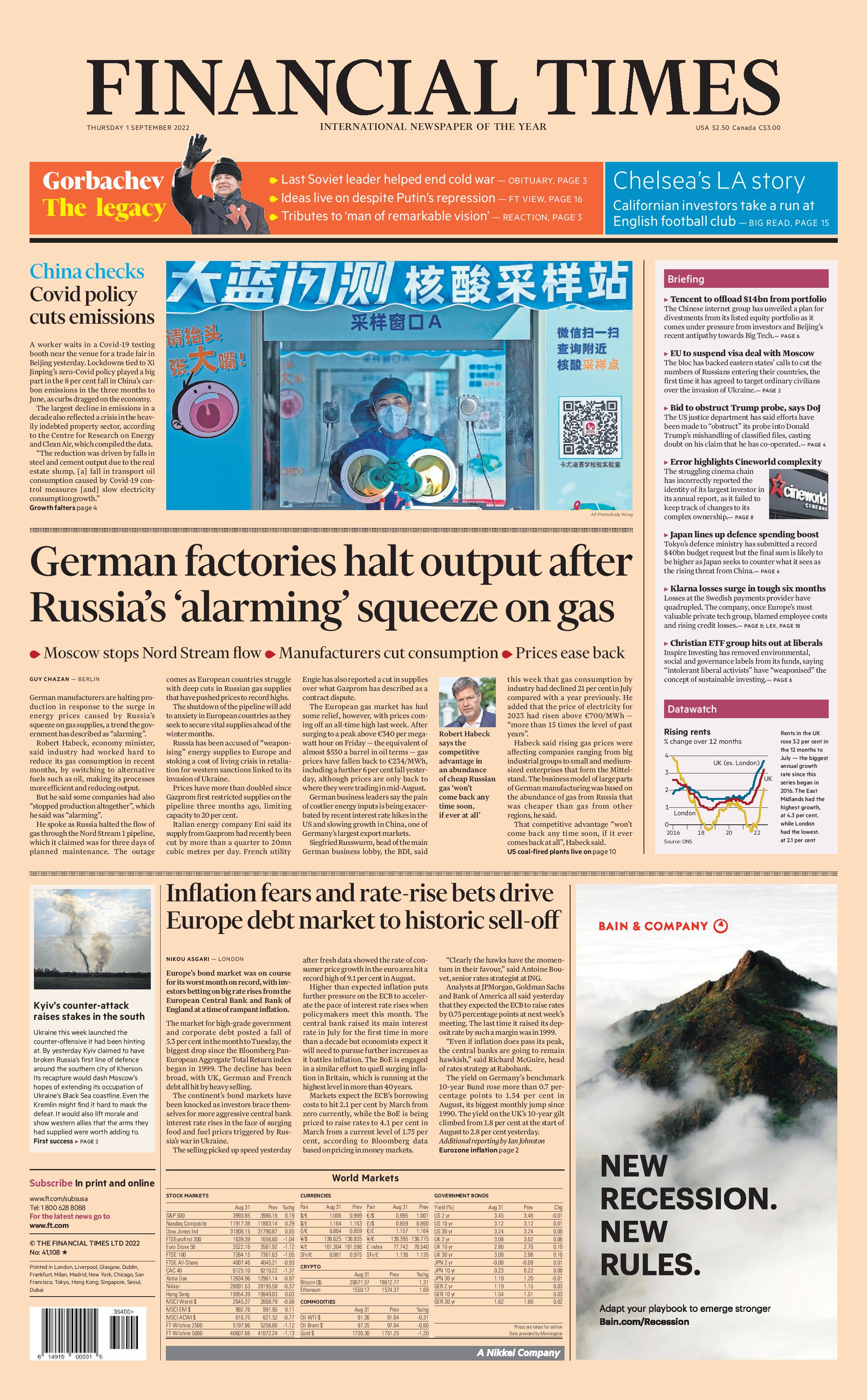 Prima pagina del Financial Times del 1 settembre 2022