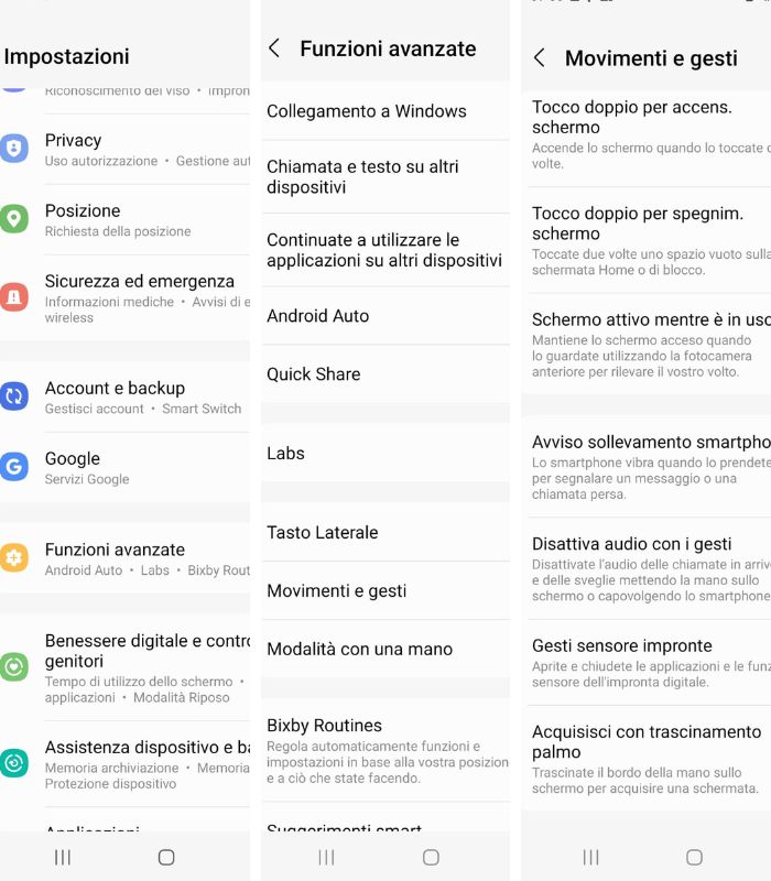 Funzione gesti screenshot Samsung
