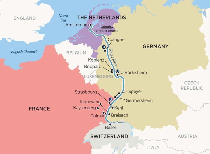 Mappa della rotta fluviale lungo il Reno dagli hub commerciali del Nord Europa alla Svizzera