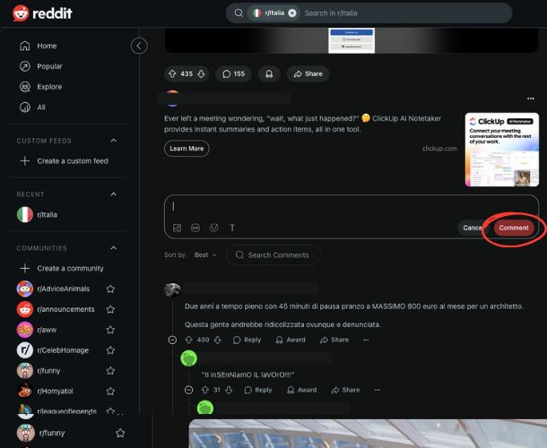 Come commentare un post su Reddit