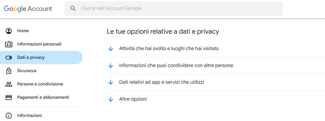 Le tue opzioni relativi a dati e privacy