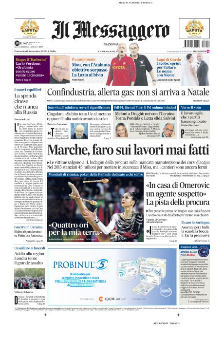 Prima pagina de Il Messaggero del 18 settembre 2022