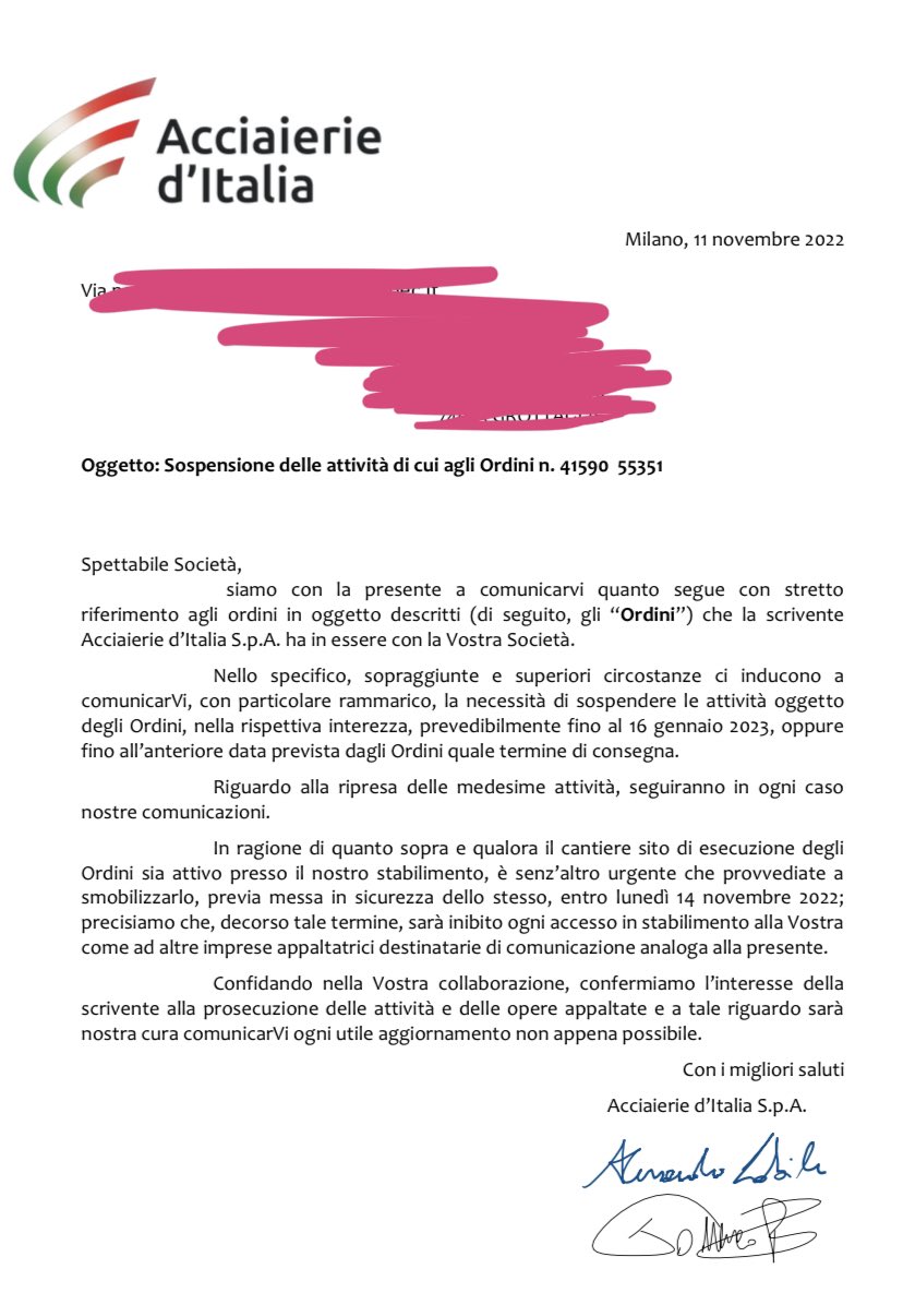 La lettera con cui Acciaierie d'Italia comunica lo stop agli ordinativi per 145 aziende dell'indotto Ilva La lettera con cui Acciaierie d'Italia comunica lo stop agli ordinativi per 145 aziende dell'indotto Ilva