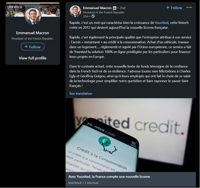 Il tweet di Macron su Younited