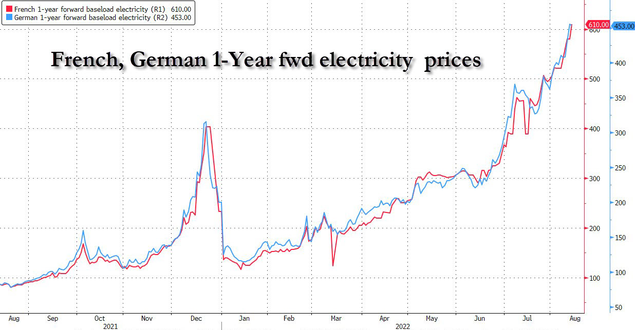 Andamento dei futures relativi ai contratti energetici a 1 anno di Francia e Germania