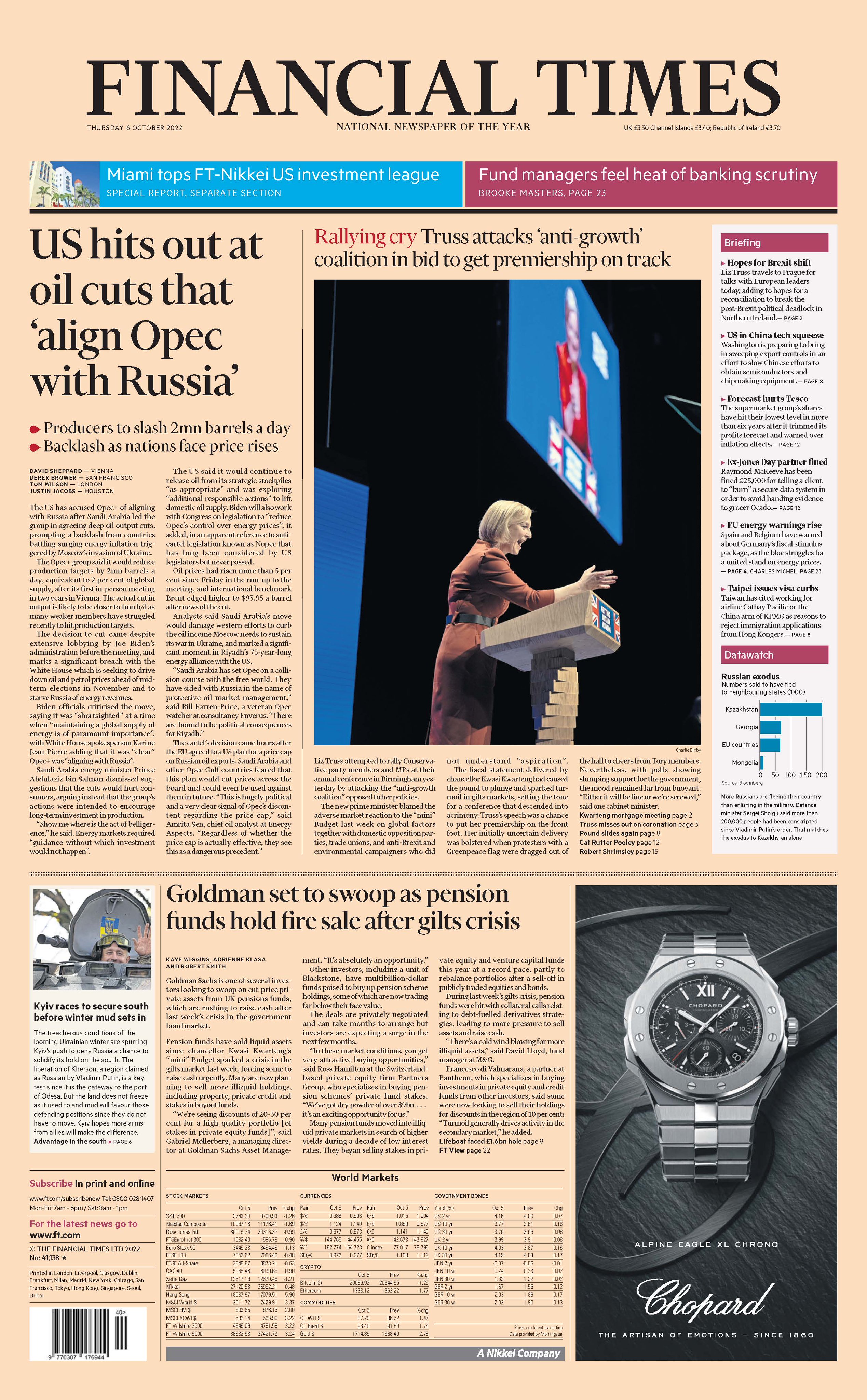 Prima pagine del Financial Times del 6 ottobre 2022