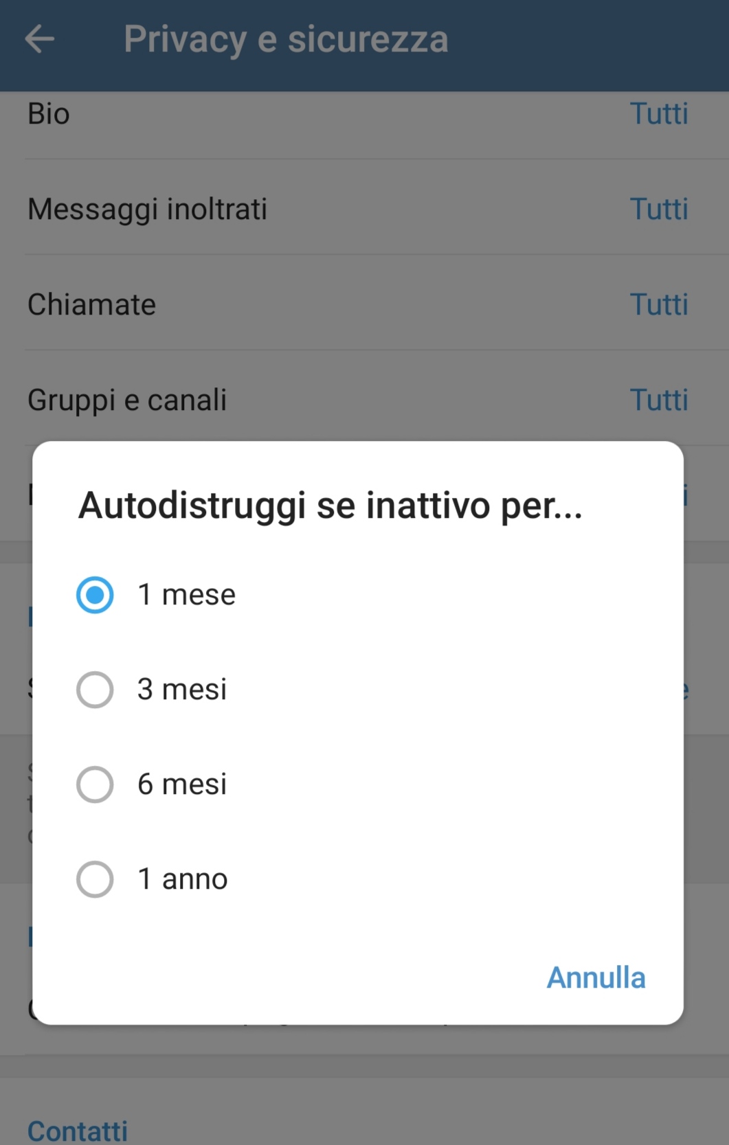 Eliminare account Telegram automaticamente