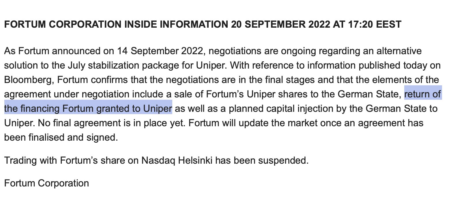 Comunicato stampa di Fortum relativo alla cessione di quote di Uniper