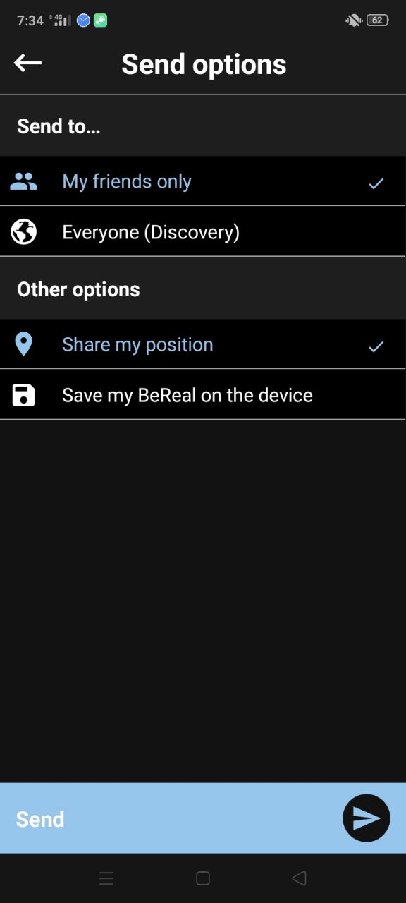 Screenshot BeReal opzioni