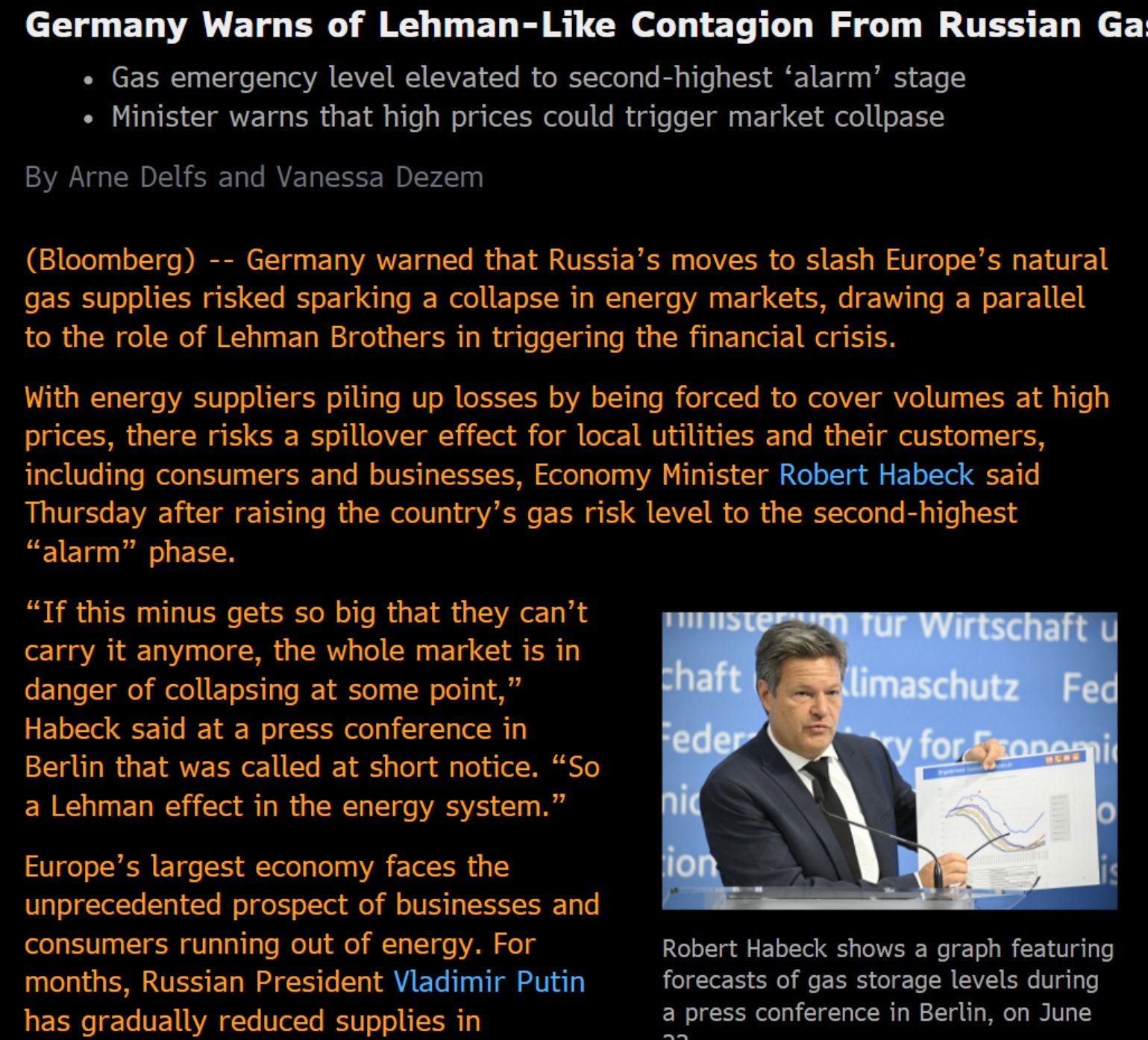 L'allarme su una «Lehman energetica» lanciato dal ministro dell'Economia tedesco, Robert Habeck