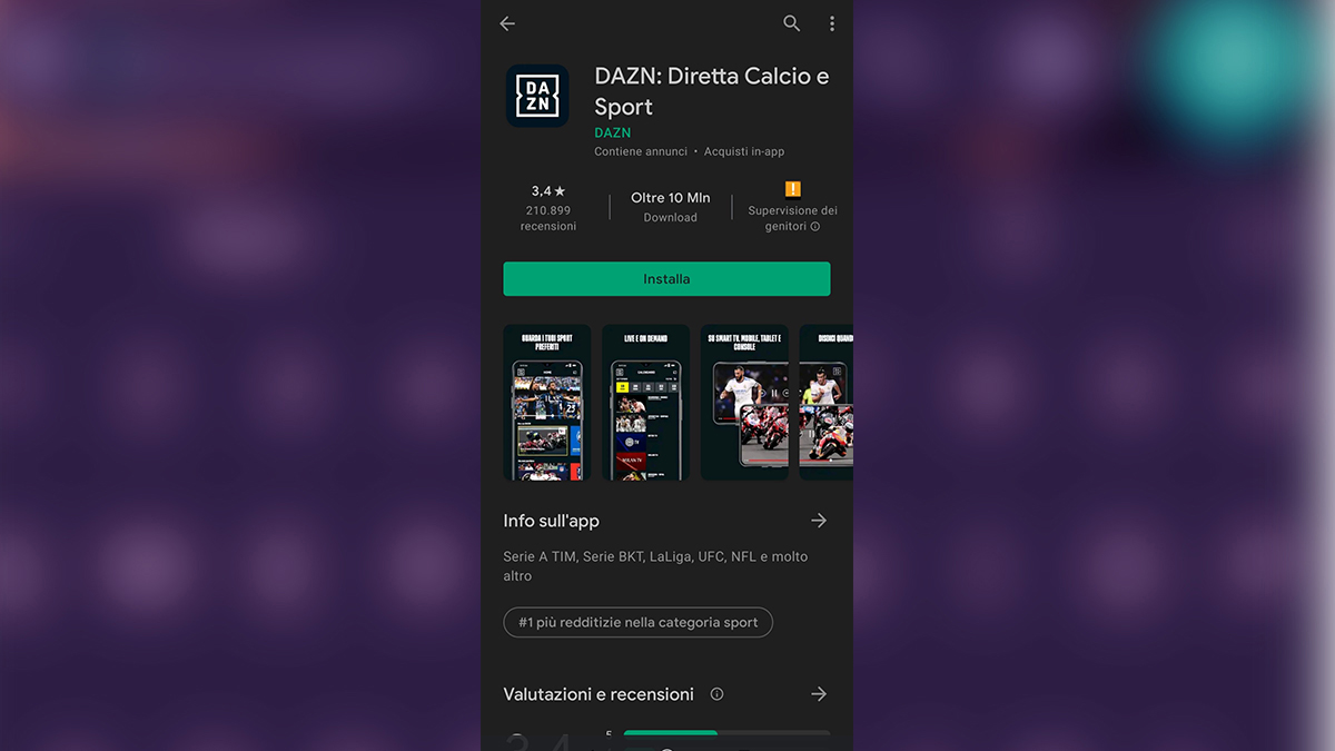 Google Play Store: la pagina dedicata a DAZN