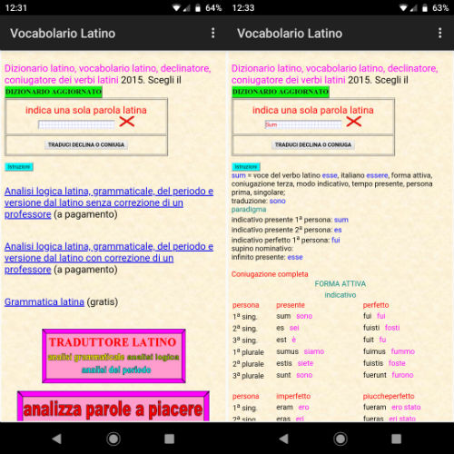 Dizionario latino, vocabolario latino, declinatore latino, coniugatore dei  verbi latini