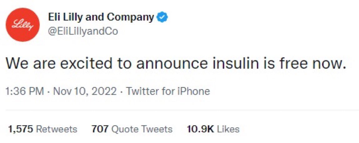 Il tweet sull'insulina gratis del falso account di Eli Lilly Il tweet sull'insulina gratis del falso account di Eli Lilly