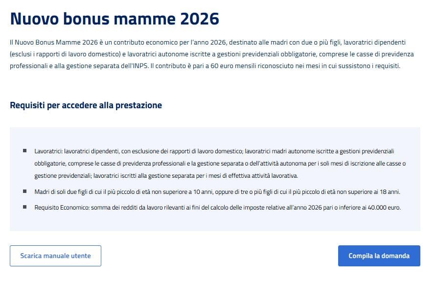 Pagina Nuovo Bonus Mamme 2026.