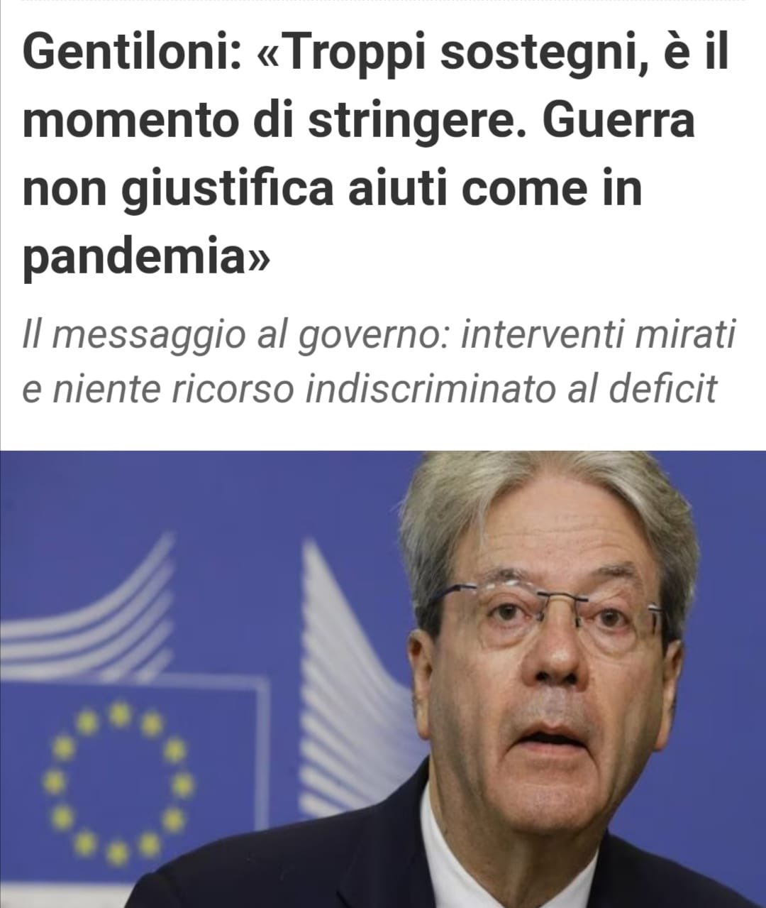 Articolo dedicato da Il Messaggero alla messa in guardia di Paolo Gentiloni al governo