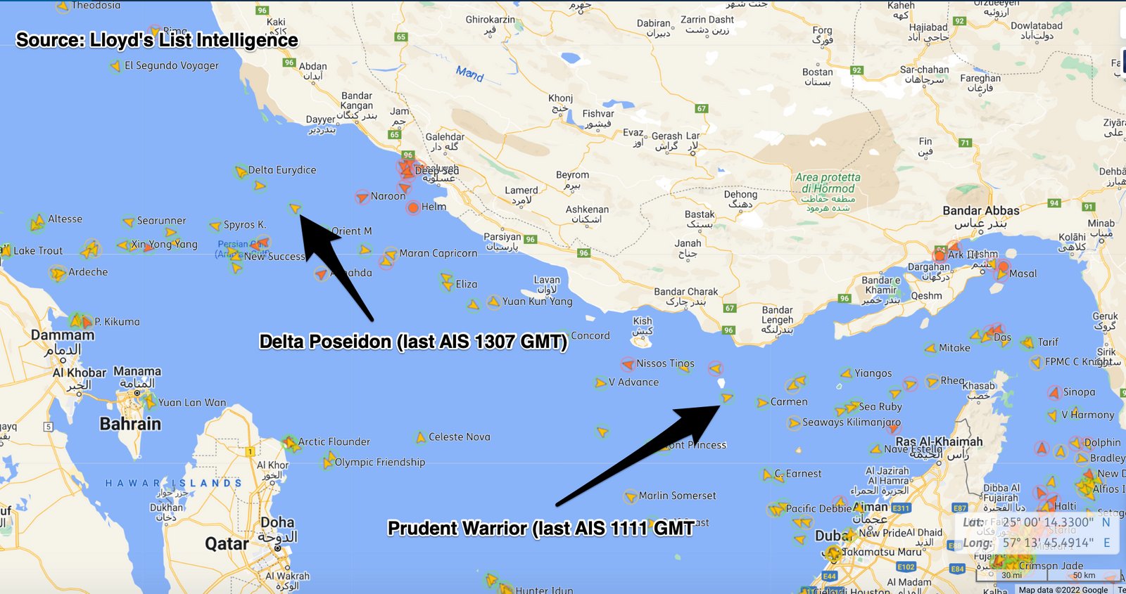 Cartina dell'area in cui è avvenuto il sequestro delle due petroliere greche da parte dell'Iran