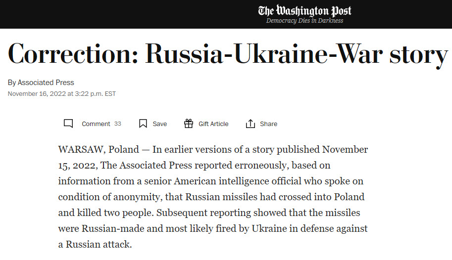 Le «scuse» dell'Associated Press per la frettolosa ricostruzione della vicenda del missile russo in Polonia Le «scuse» dell'Associated Press per la frettolosa ricostruzione della vicenda del missile russo in Polonia