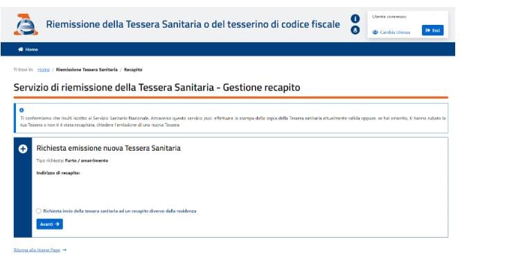 Indirizzo recapito tessera sanitaria