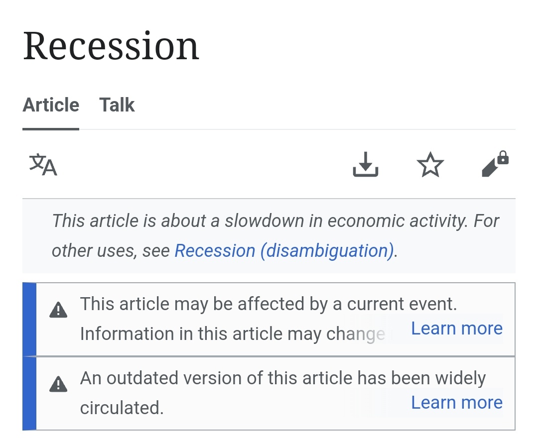 La pagina modificata di Wikipedia dedicata al termine «recessione»