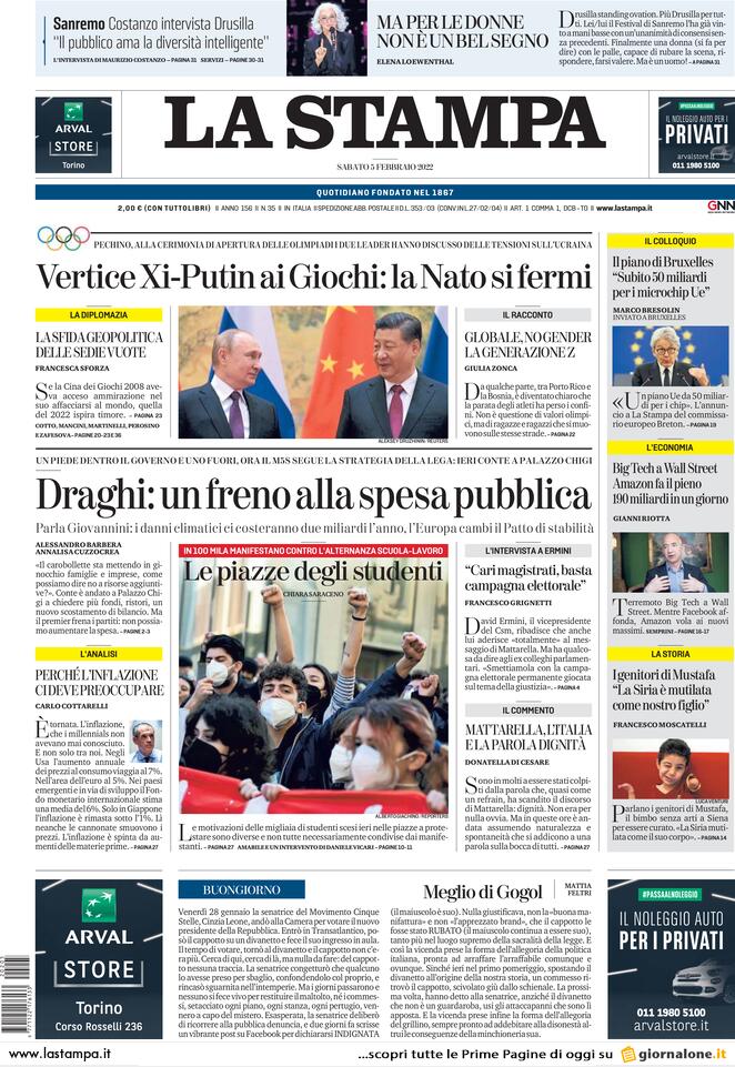 Prima pagina del quotidiano «La Stampa» del 5 febbraio 2022