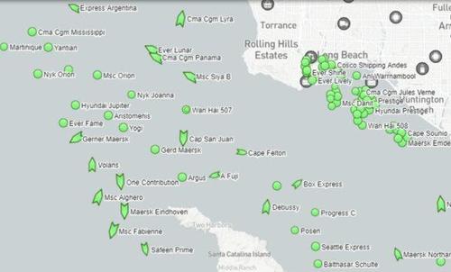 Mappa dei container in attesa al largo del porto di Los Angeles-Long Beach