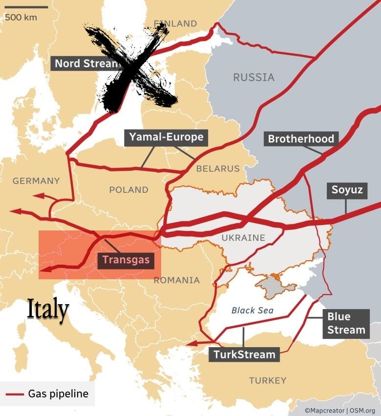 Cartina della pipeline che convoglia il gas russo verso l'Italia via Austria e Tarvisio