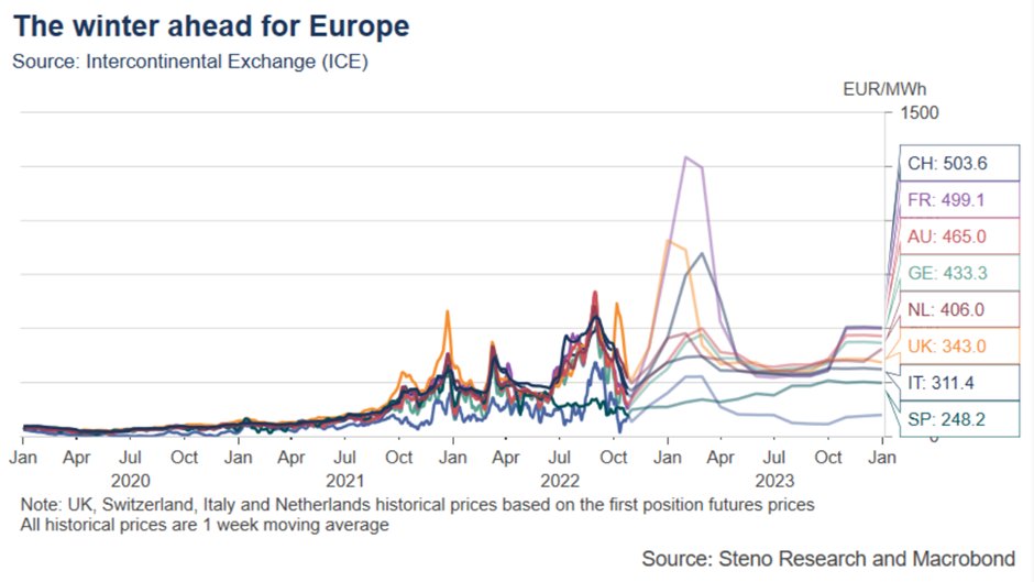 Andamento previsionale dei prezzi del gas europeo per MWh attesi per l'inverno