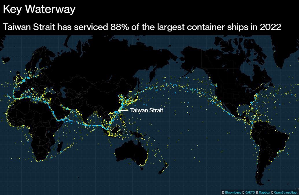 Mappa delle rotte commerciali che transitano nello Stretto di Taiwan