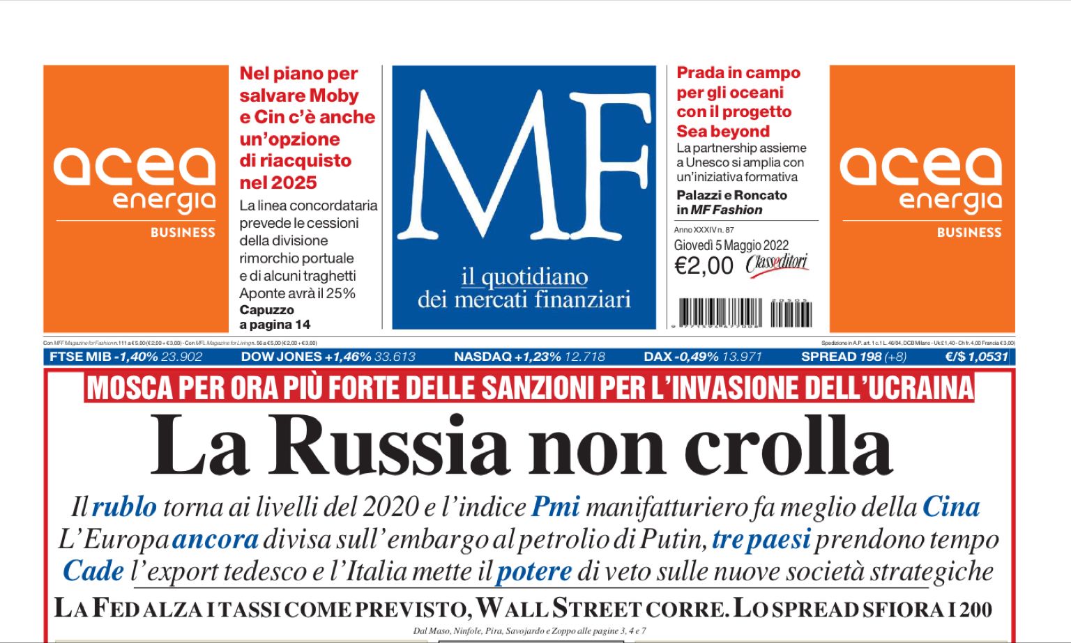 La prima pagina di MF-MilanoFinanza del 5 maggio 2022