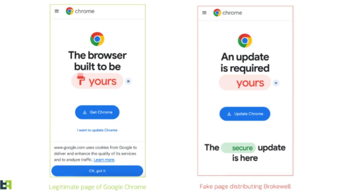 Esempio: schermata di aggiornamento Chrome ufficiale vs. schermata della versione alterata dal malware