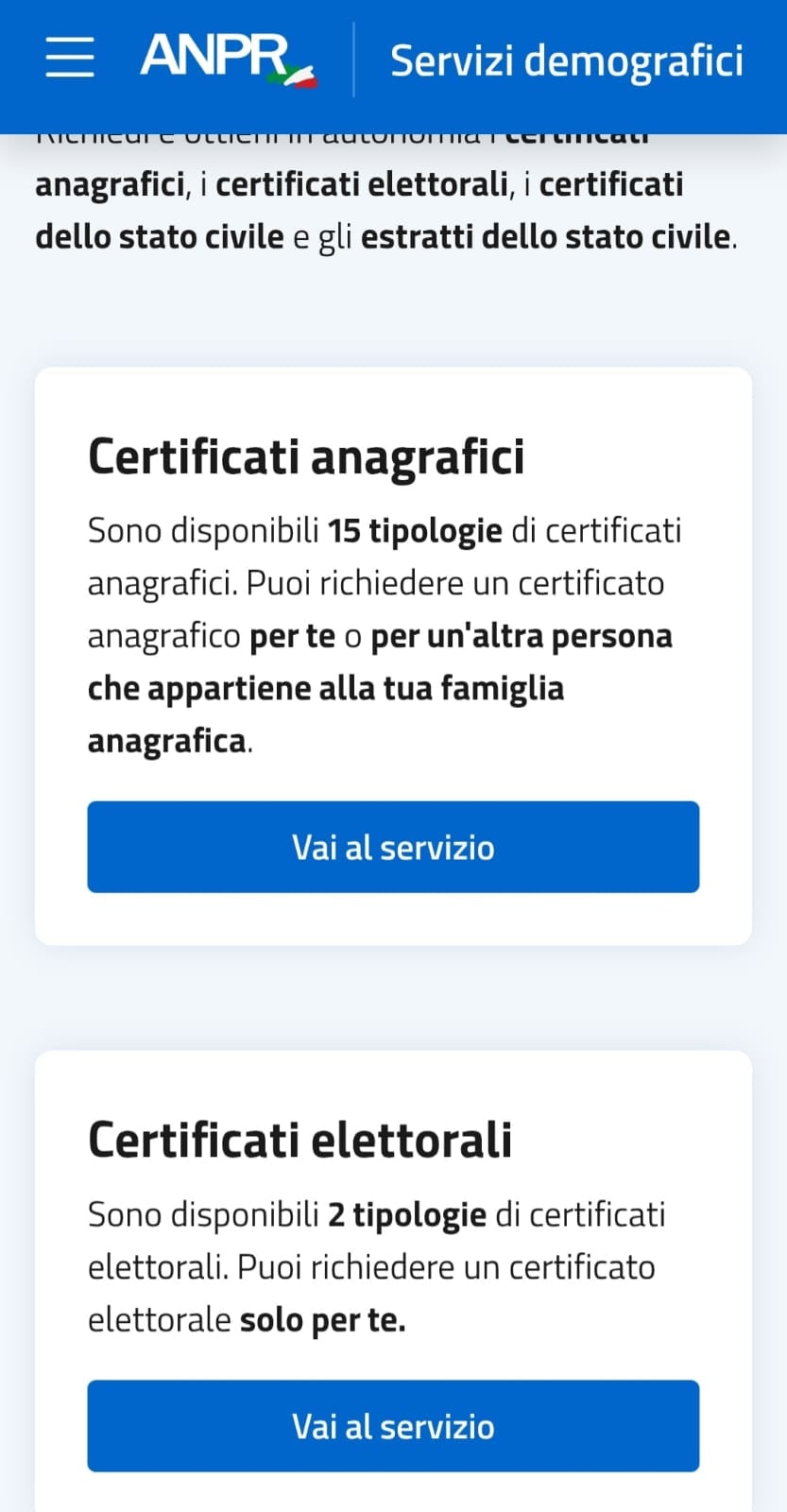 Selezione servizio