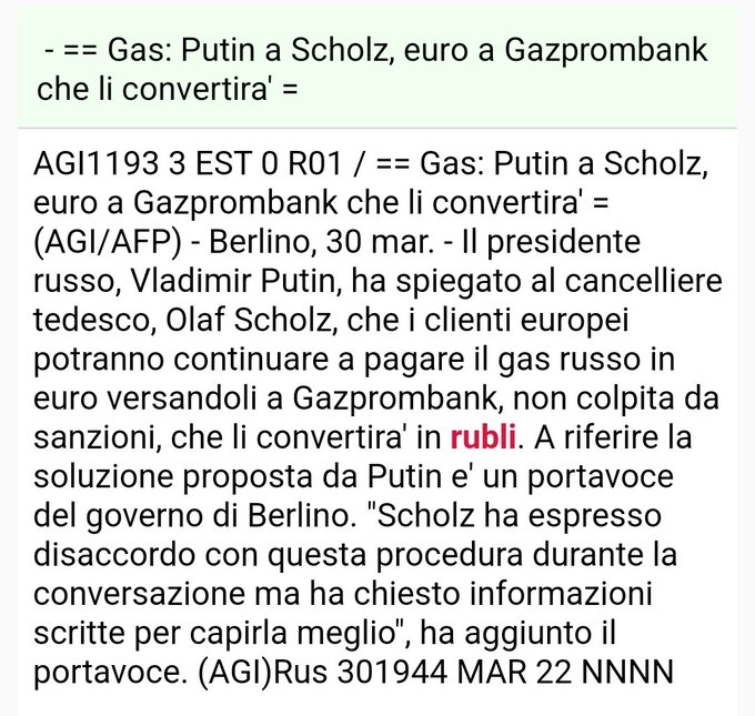 Il lancio di agenzia relativo alla telefonata Putin-Scholz