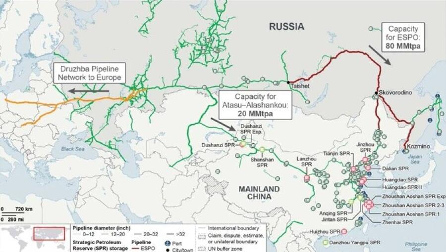 Mappa delle pipeline di trasporto del petrolio russo verso Ovest e verso Est