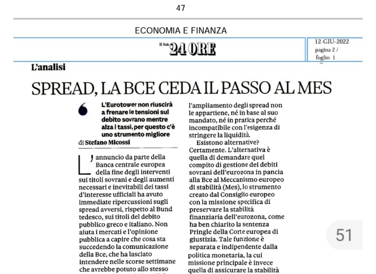 L'analisi pro-Mes di Stefano Micossi pubblicata da IlSole24Ore oggi