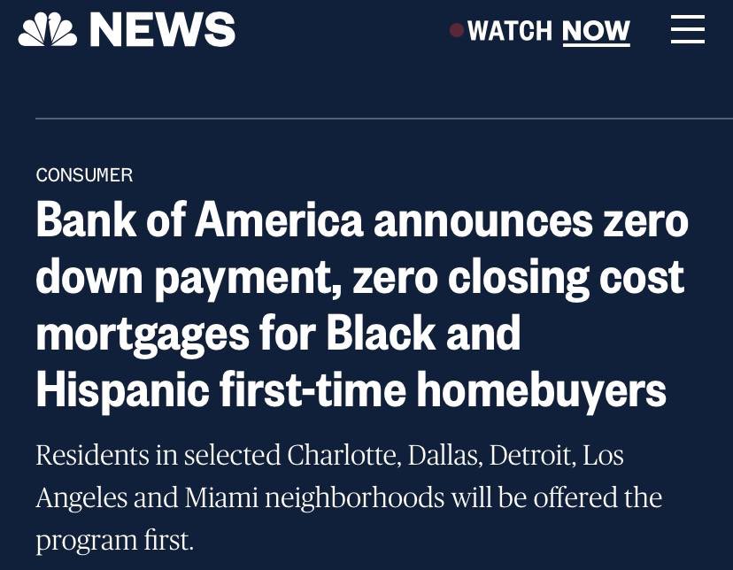 Articolo dedicato alla campagna di mutui zero down payment di Bank of America