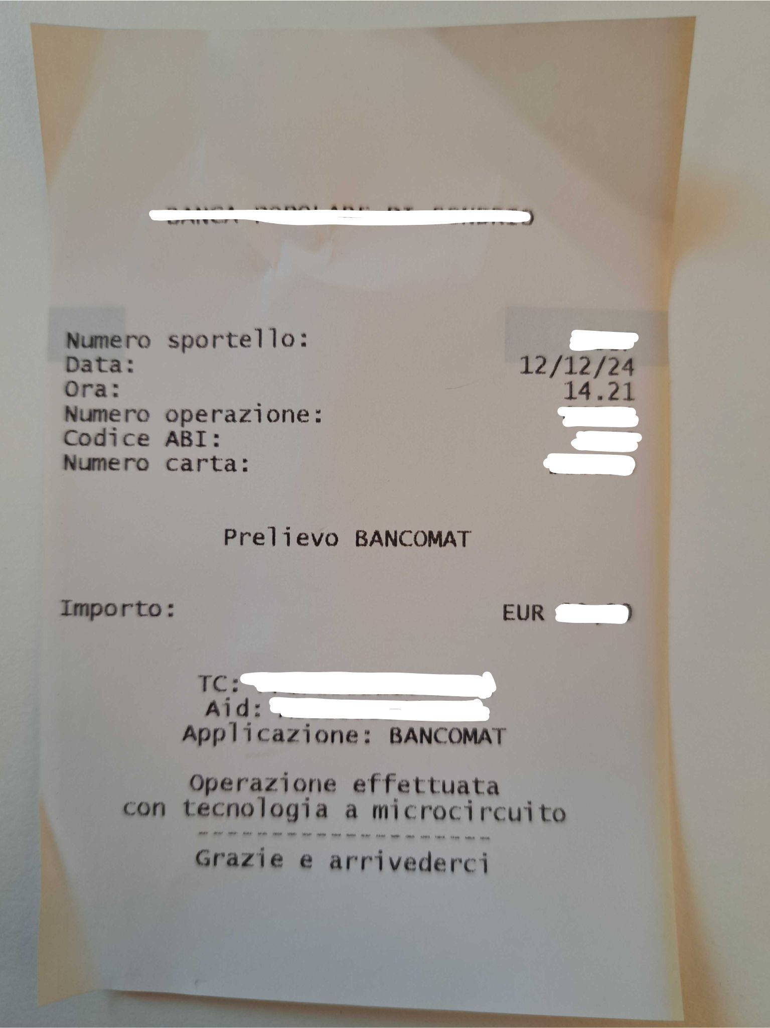 Esempio ricevuta prelievo