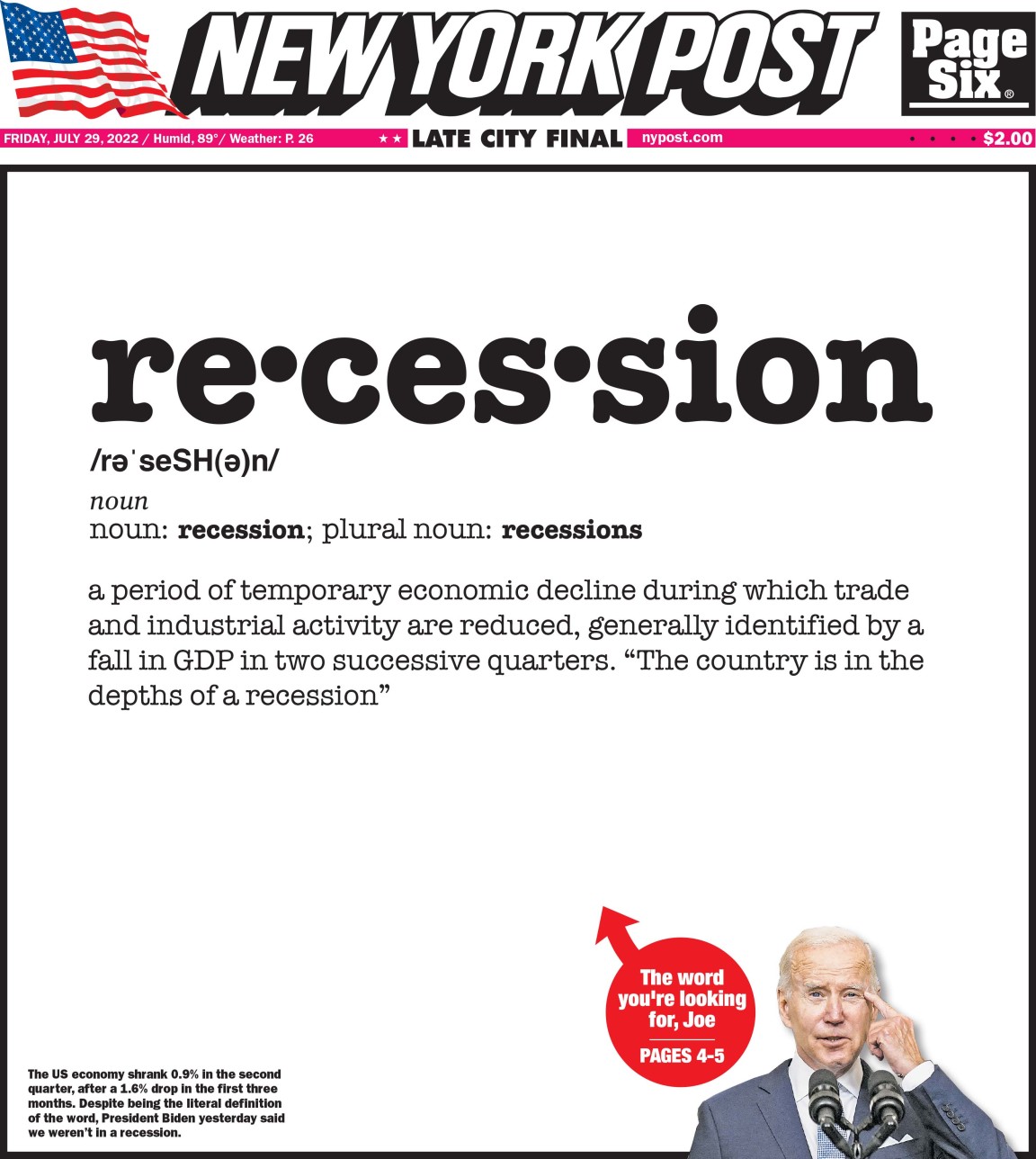 Prima pagina del New York Post del 29 luglio 2022