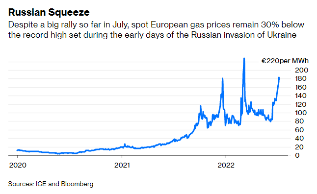 Andamento del prezzo del gas europeo (Dutch) in euro per MWh