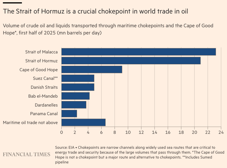 Lo Stretto di Hormuz è un nodo cruciale nel commercio mondiale di petrolio - Volume di petrolio greggio e liquidi trasportati attraverso i nodi marittimi strategici e il Capo di Buona Speranza, primo semestre 2025 (milioni di barili al giorno)