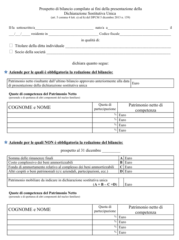 Prospetto di bilancio compilato ai fini della presentazione della Dichiarazione Sostitutiva Unica