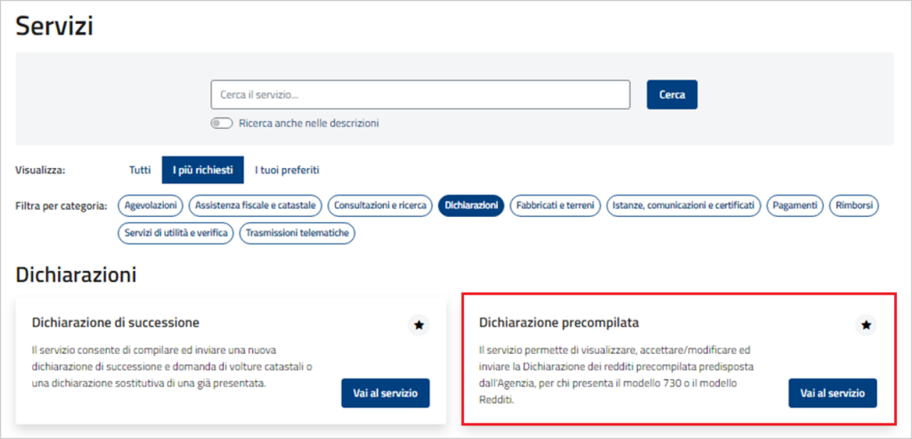 Selezione «dichiarazione precompilata»