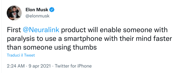 Elon Musk su Neuralink. Fonte: Twitter
