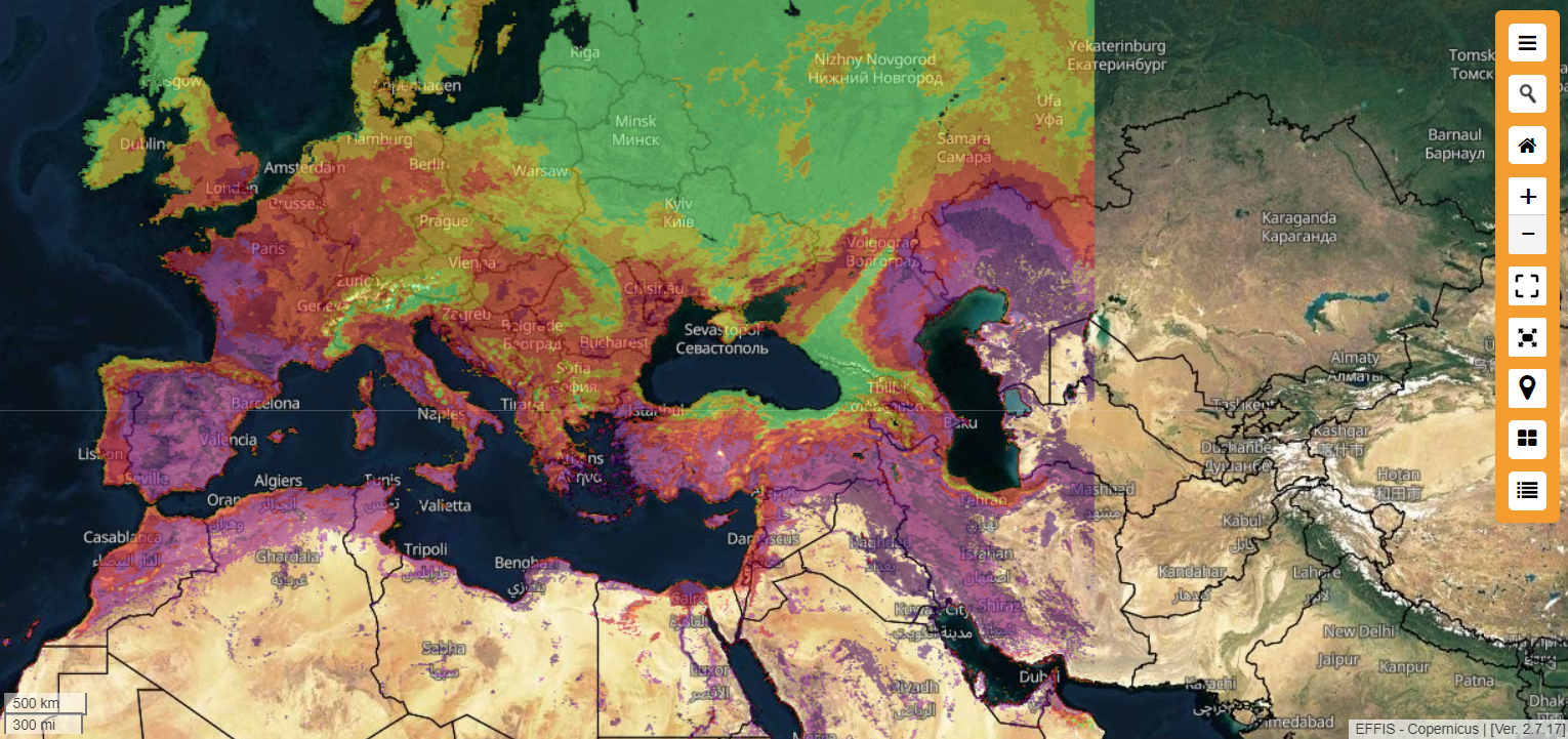 Mappa degli incendi in Europa negli ultimi 7 giorni