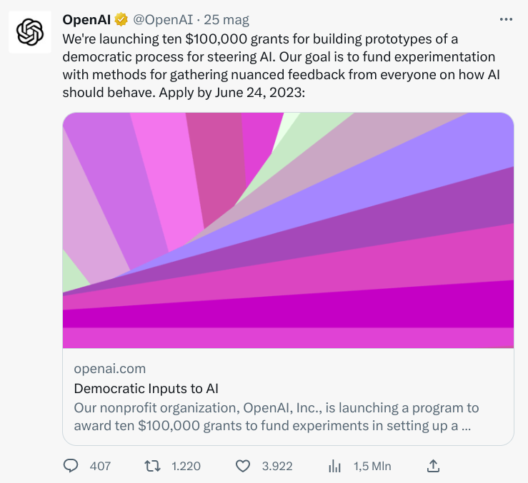 Il tweet di OpenAI nel quale è annunciato il progetto dell'azienda.