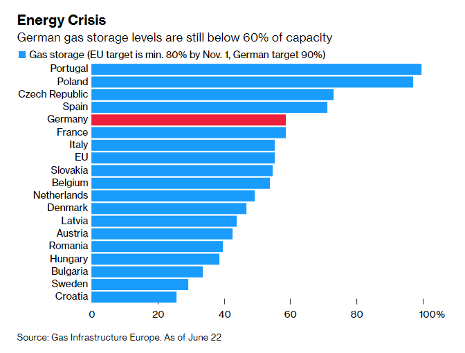 Livelli delle scorte di gas dei vari Paesi europei al 22 giugno scorso