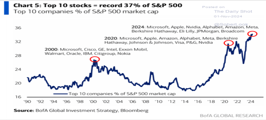 La concentrazione dei maggiori 10 titoli di Wall Street è ai record storici