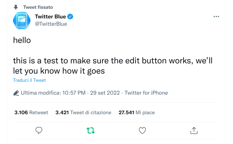 Tweet modificato da Twitter Blue