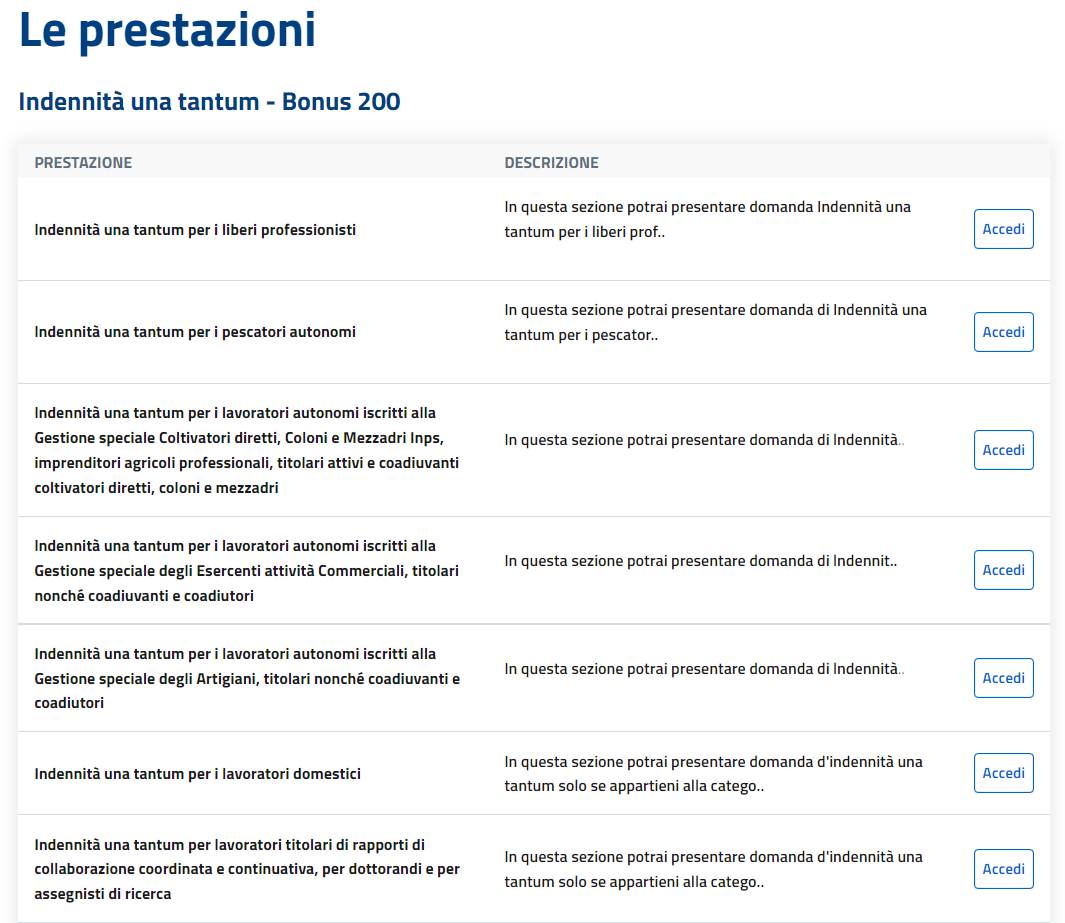 Servizio Indennità una tantum bonus 200 euro